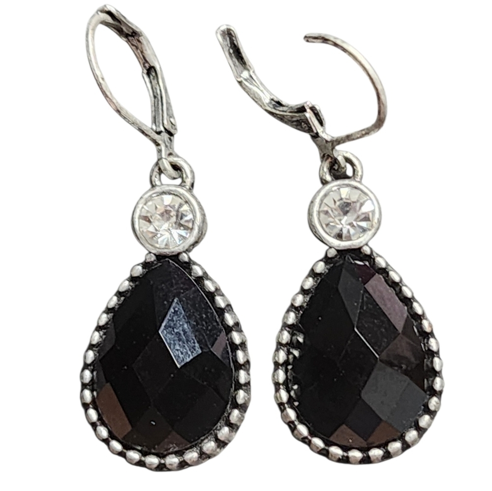 Black Gemstone Silvertone Drop Earrings